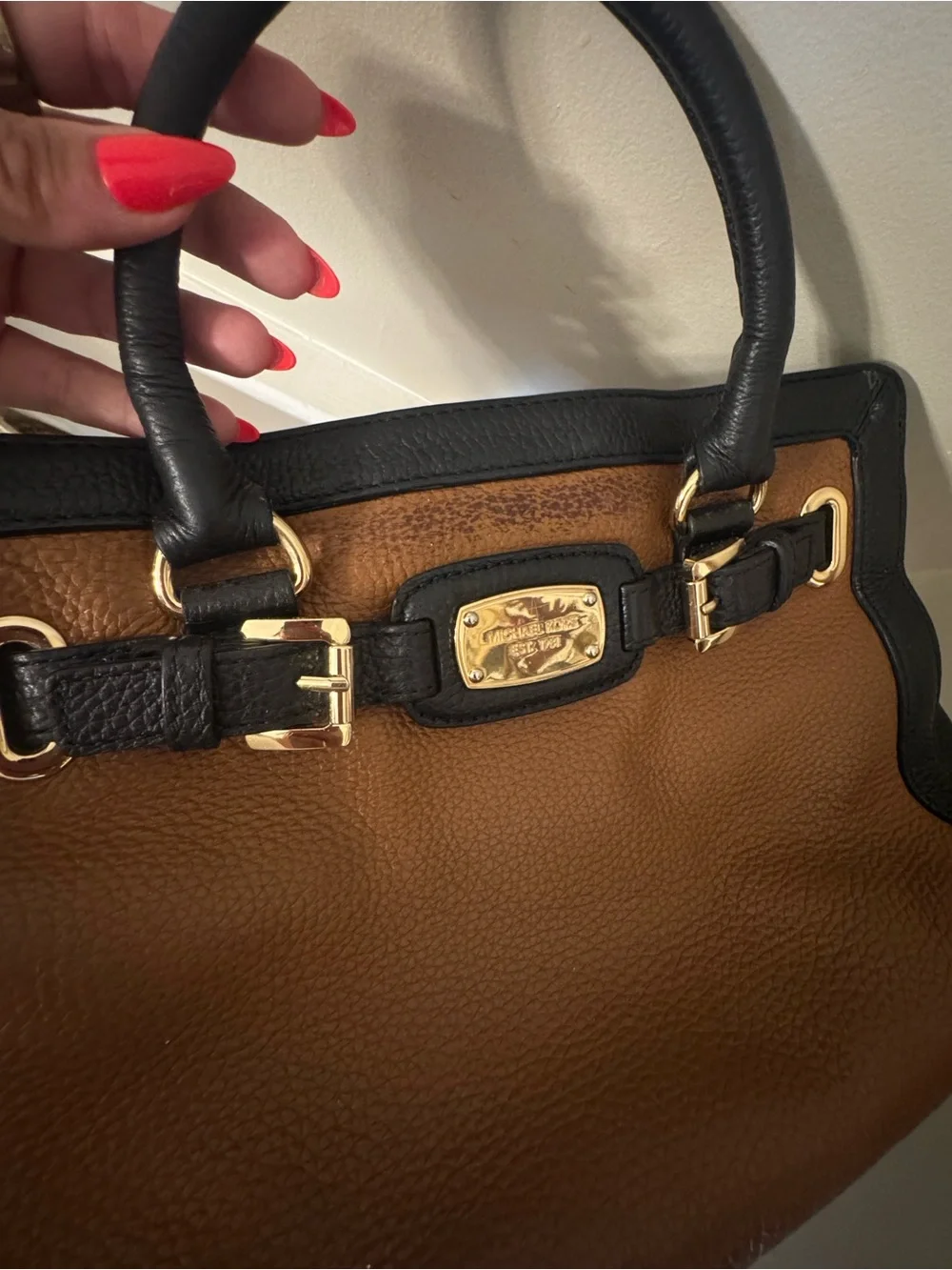 Vintage Michael Kors Black & Brown Pebbled Leather Messenger Satchel